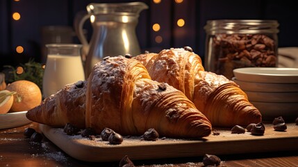 Freshly baked pastries, croissants with chocolate on a wooden board