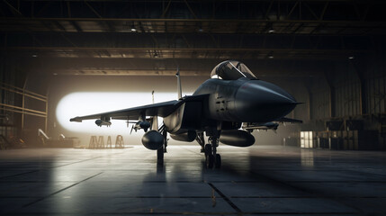 interior view of a generic military fighter jet parked inside a military barracks or hangar as wide banner with copyspace area for world war conflict and air force concepts, - obrazy, fototapety, plakaty