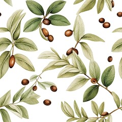 Watercolor coffee plant pattern on a white background