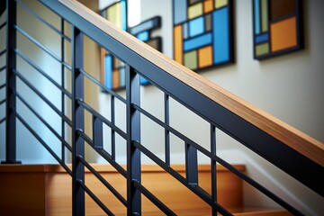 Black metal handrails in the interior of a modern house. Generative AI.