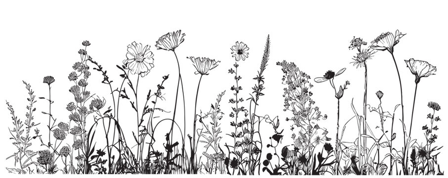 Wild flowers field border sketch hand drawn in doodle style