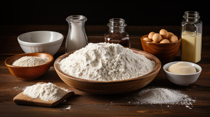 Rustic composition for baking. Ingredients for dough on wooden counter - flour, eggs, sugar. 
