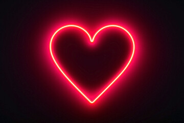 Red neon light heart on dark background.