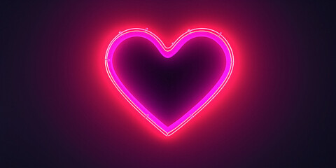 Pink neon light heart on dark background.
