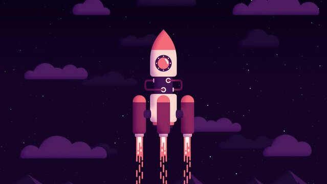 Spaceship starts from the earth. Rocket launch on mountain landscape - cartoon 2D animation in a modern style.