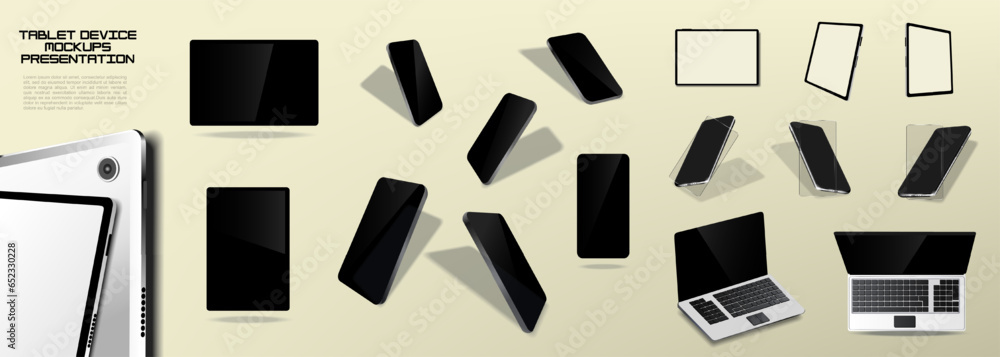 Poster big set of modern digital electronic devices. mobile phones, laptops, tablets with blank display fro