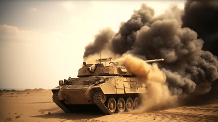armoured tank crosses a mine field during war invasion epic scene of fire and some in the desert - obrazy, fototapety, plakaty