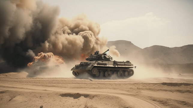 armoured tank crosses a mine field during war invasion epic scene of fire and some in the desert