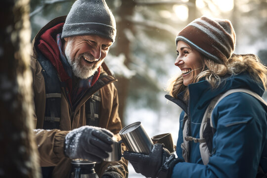 A mature man and woman laugh and drink tea from a thermos while hiking in the winter forest. Traveling and hiking for pensioners.