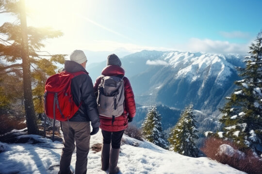 Two retired tourists on a hike in the winter mountains admire the view.