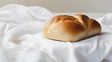Rolgordijnen White fresh puffy loaf of bread on white textile on white background. Light pastel colors, hot freshly baked bread.  © dinastya