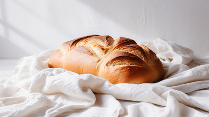 White fresh puffy loaf of bread on white textile on white background. Light pastel colors, hot freshly baked bread. 