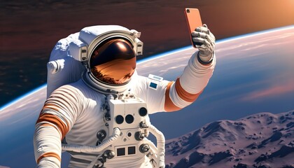 Wallpaper photograph of an astronaut taking a selfie at the first human landing on Mars - obrazy, fototapety, plakaty