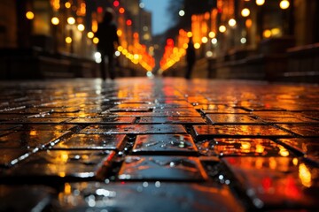City in rain, luminous reflexes in the midst of drops., generative IA - obrazy, fototapety, plakaty