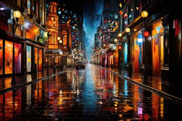 Rainy night in the city: reflexes, colorful umbrellas and urban shine., generative IA