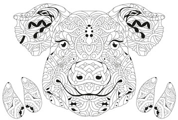 Zentangle pig head with hooves. Hand drawn decorative vector illustration for coloring