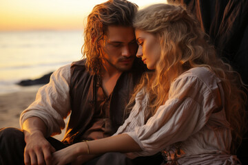 A handsome man in love with a beautiful woman with long blonde hair, sitting on the beach, with...