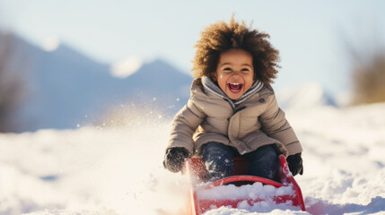 Black mixed race toddler child boy wearing a warm coat laughing and having fun on a snow sled sliding down hill of snow during winter