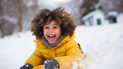 Black mixed race toddler child boy wearing a warm coat laughing and having fun on a snow sled sliding down hill of snow during winter