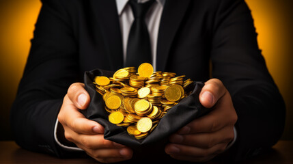 Fototapeta premium Businessman wearing a suit holding a bag full of golden coins representing a lot of money