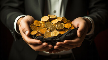 Businessman wearing a suit holding a bag full of golden coins representing a lot of money - Powered by Adobe