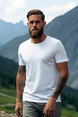 Handsome lean man wearing a plain white tshirt mockup outdoor in front of mountains nature background