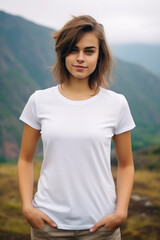 Beautiful lean woman wearing a plain white tshirt mockup outdoor in front of mountains nature background