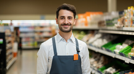 Smiling young male supermarket worker looking at the camera inside the grocery store