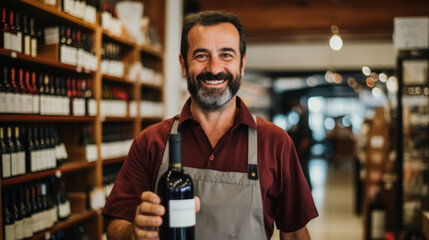 Wine merchant showing a bottle of red wine in middle of his shop