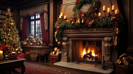 Christmas cozy home interior. Christmas room with a decorated Christmas tree. - obrazy, fototapety, plakaty