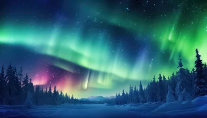 Poster Aurores boréales Beautiful aurora borealis over the forest in winter