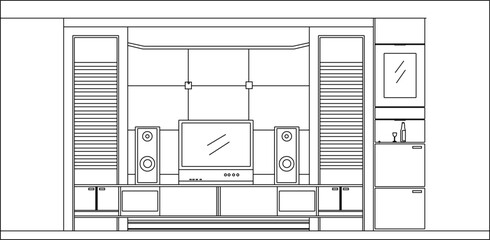 Vector sketch illustration of interior design of television backdrop furniture and furnishings