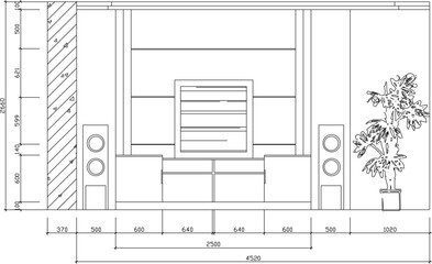 Vector sketch illustration of interior design of television backdrop furniture and furnishings