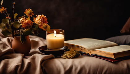 A candle and a book lying on the bed in winter