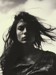 Sad and windblown portrait of a woman in sepia tones against a cloudy sky.