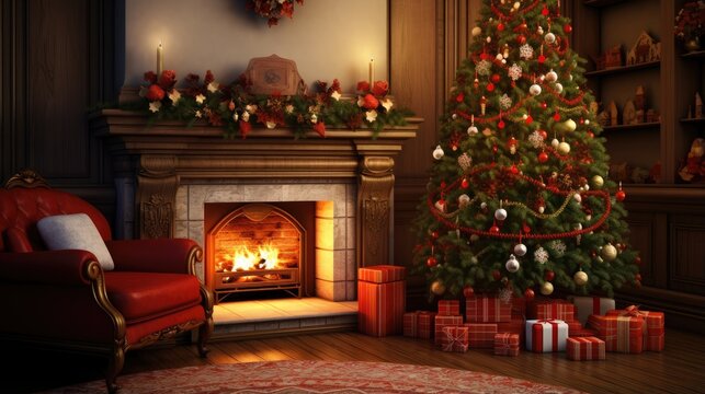 Christmas cozy home interior. Christmas room with a decorated Christmas tree.
