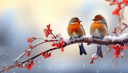 Two bullfinches sitting on a branch in winter