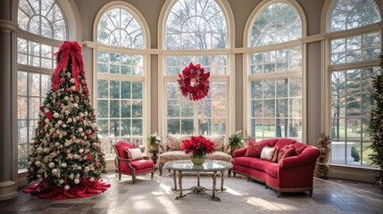 Fototapeta na wymiar Christmas cozy home interior. Christmas room with a decorated Christmas tree.
