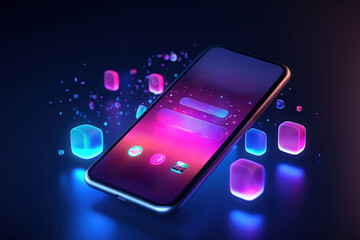 Levitating smartphone on an abstract neon background with app interface on the screen. - obrazy, fototapety, plakaty