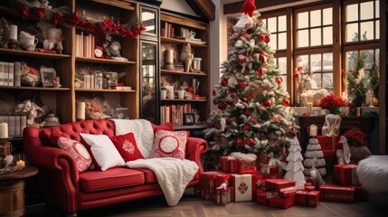 Fototapeta na wymiar Christmas cozy home interior. Christmas room with a decorated Christmas tree.