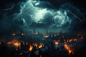Lightning illuminates city under stormy clouds., generative IA