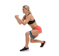 Woman exercising with elastic resistance band on white background