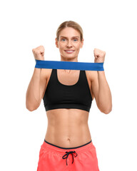 Woman exercising with elastic resistance band on white background