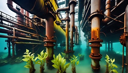 Alte rostige Industrieanlage - Raffinerie - Symbolbild für veraltete Technik - obrazy, fototapety, plakaty