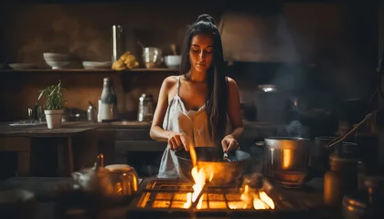 Gordijnen Woman in kitchen cooking over an open fire © terra.incognita