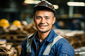 Elated young factory worker radiates pure joy amidst industrial backdrop. A beacon of humility and happiness in a bustling labor environment. - obrazy, fototapety, plakaty