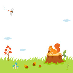 A squirrel holding an acorn on a stump. Autumn elements background.