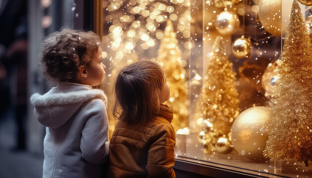 Children Looking At The Shop Window On Christmas Eve