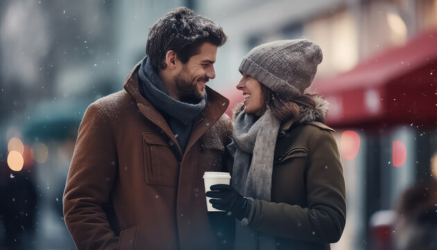 Couple drinking coffee together in the city in winter