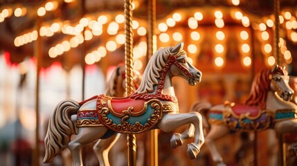 Merry go round horses carousel close up view with copy space